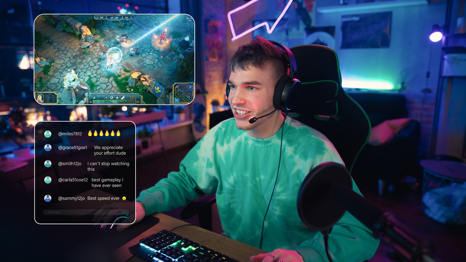 Excited Streamer Playing a Video Game Online. Stylish Man Streaming His Gaming Progress from Home in Living Room Apartment. Followers Engaging Through Interface During Live Broadcast on Internet.